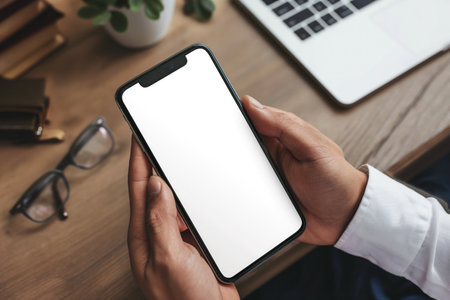 Cropped shot of businessman using smartphone with blank screen while sitting at modern office deskの素材