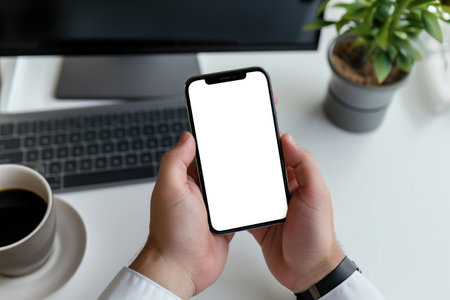 Cropped shot of businessman using smartphone with blank screen while sitting at modern office deskの素材