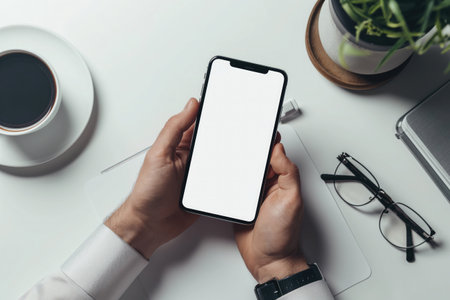 Cropped shot of businessman using smartphone with blank screen while sitting at modern office deskの素材