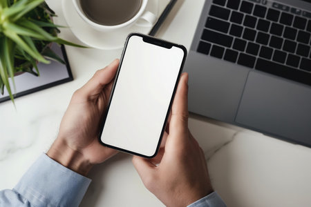 Cropped shot of businessman using smartphone with blank screen while sitting at modern office deskの素材