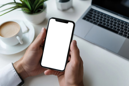 Cropped shot of businessman using smartphone with blank screen while sitting at modern office deskの素材