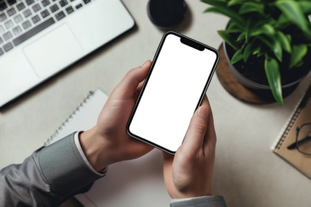 Cropped shot of businessman using smartphone with blank screen while sitting at modern office deskの素材