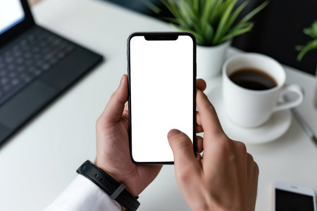 Cropped shot of businessman using smartphone with blank screen while sitting at modern office deskの素材