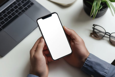 Cropped shot of businessman using smartphone with blank screen while sitting at modern office deskの素材