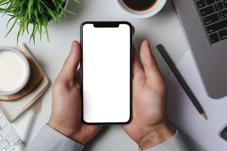 Cropped shot of businessman using smartphone with blank screen while sitting at modern office deskの素材