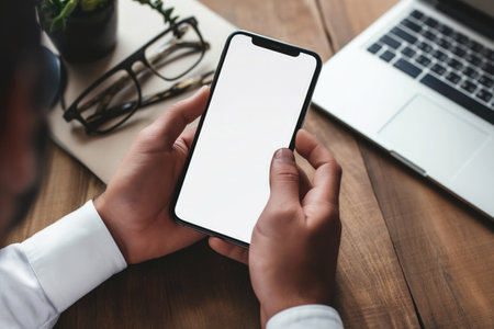 Cropped shot of businessman using smartphone with blank screen while sitting at modern office deskの素材