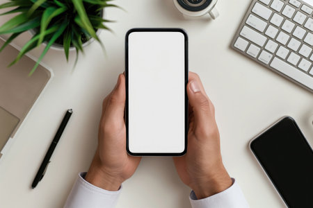 Cropped shot of businessman using smartphone with blank screen while sitting at modern office deskの素材