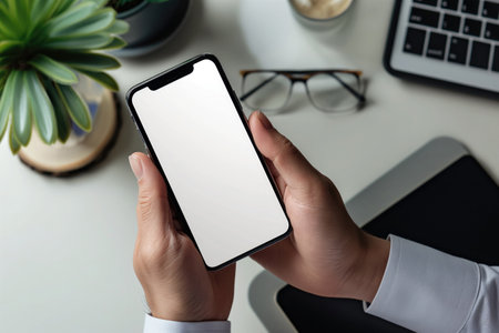 Cropped shot of businessman using smartphone with blank screen while sitting at modern office deskの素材