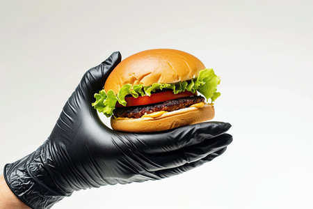 Hands in black gloves holding hamburger isolated on white backgroundの素材