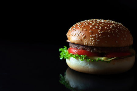 Hamburger with beef patty and fresh vegetables on dark backgroundの素材