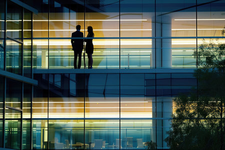 business people discussing business in the office view from outside the buildingの素材