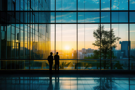 business people discussing business in the office view from outside the buildingの素材