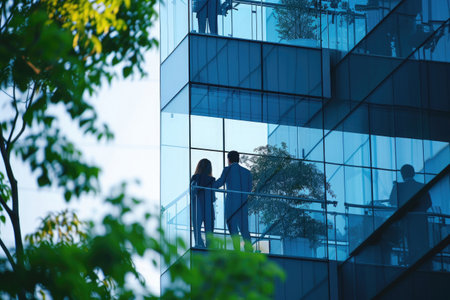 business people discussing business in the office view from outside the buildingの素材