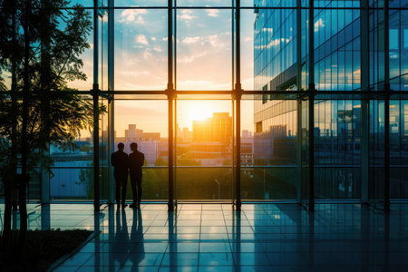 business people discussing business in the office view from outside the buildingの素材