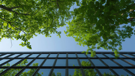 Modern office building with green trees in the foreground. Concept of business and successの素材