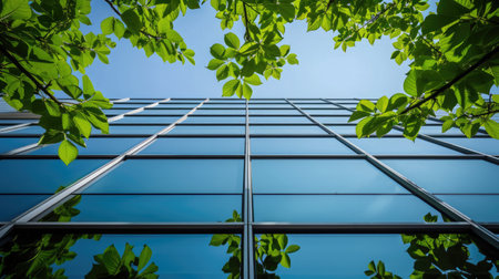 Modern office building with green trees in the foreground. Concept of business and successの素材