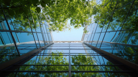 Modern office building with green trees in the foreground. Concept of business and successの素材