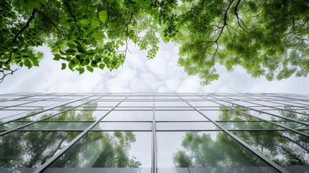 Modern office building with green trees in the foreground. Concept of business and successの素材
