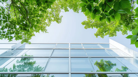 Modern office building with green trees in the foreground. Concept of business and successの素材