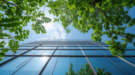 Modern office building with green trees in the foreground. Concept of business and successの素材