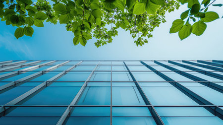 Modern office building with green trees in the foreground. Concept of business and successの素材