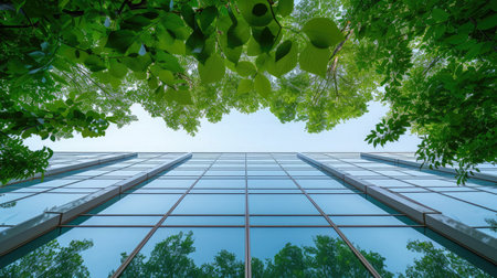 Modern office building with green trees in the foreground. Concept of business and successの素材