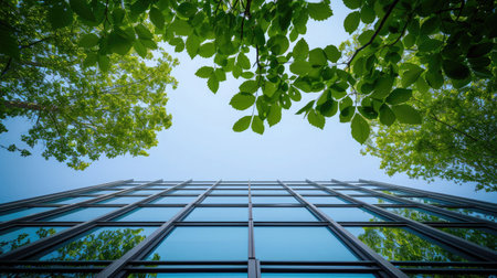 Modern office building with green trees in the foreground. Concept of business and successの素材