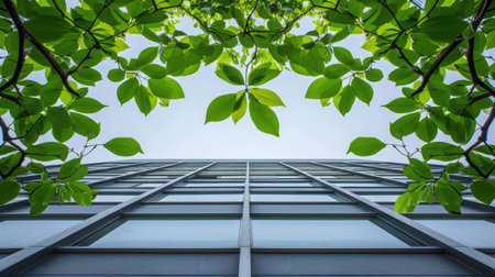 Modern office building with green trees in the foreground. Concept of business and successの素材