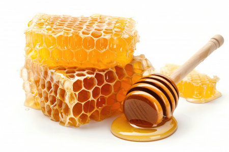 Honey dripping from a wooden honey dipper on a white backgroundの素材