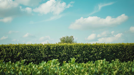 Green bush hedge in the park. Nature background with copy spaceの素材