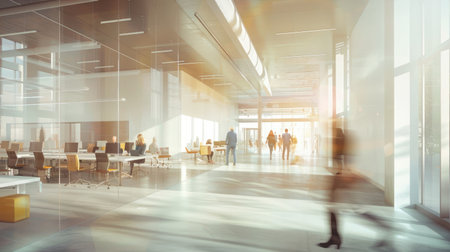 Blurry movement of people walking in the office. workstations and private meeting areasの素材