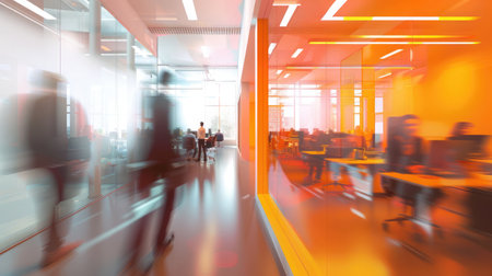 Blurry movement of people walking in the office. workstations and private meeting areasの素材