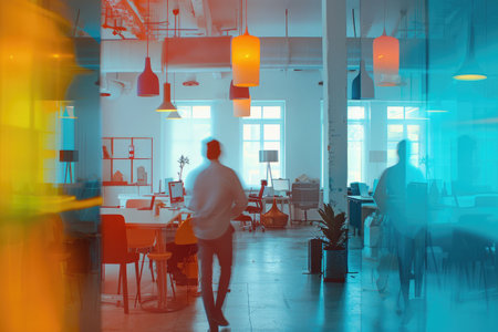 Blurry movement of people walking in the office. workstations and private meeting areasの素材