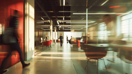 Blurry movement of people walking in the office. workstations and private meeting areasの素材