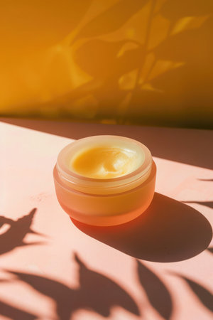 A jar of natural skincare cream illuminated by warm sunlight against a soft pink background.の素材