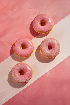 A delightful variety of frosted donuts adorned with colorful sprinkles, sugars, and glazes on a playful pink backdropの素材
