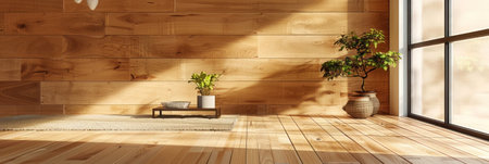 Rustic charm captured in the interior of a cabin with rich wooden wall and floor panels, exuding warmth and cozinessの素材