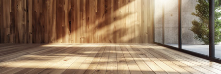 Rustic charm captured in the interior of a cabin with rich wooden wall and floor panels, exuding warmth and cozinessの素材