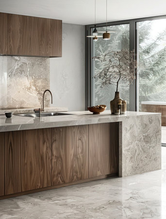 Luxury kitchen interior design in classic style. 3d renderの素材