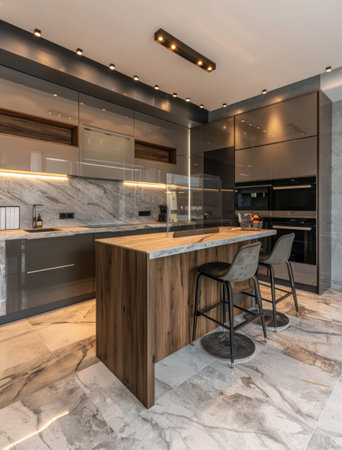 Luxury kitchen interior design in classic style. 3d renderの素材
