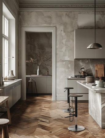 Luxury kitchen interior design in classic style. 3d renderの素材