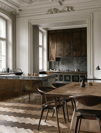 Luxury kitchen interior design in classic style. 3d renderの素材