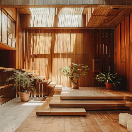 Warm rustic interior featuring wooden walls and furniture, unique art pieces, and a cozy, welcoming atmosphereの素材