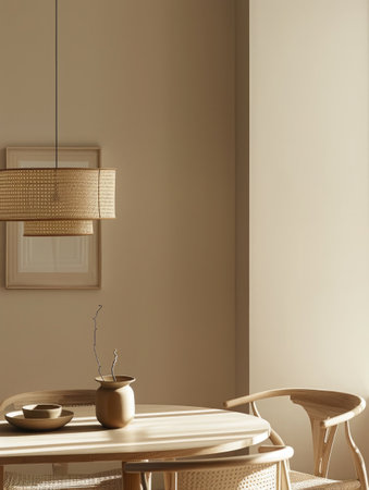 Bright and airy Scandinavian-style dining room with woven pendant lamps and classic bentwood chairs.の素材