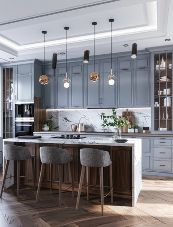 Sophisticated dark-toned kitchen featuring marble countertops, elegant pendant lights, and a wooden stoolの素材