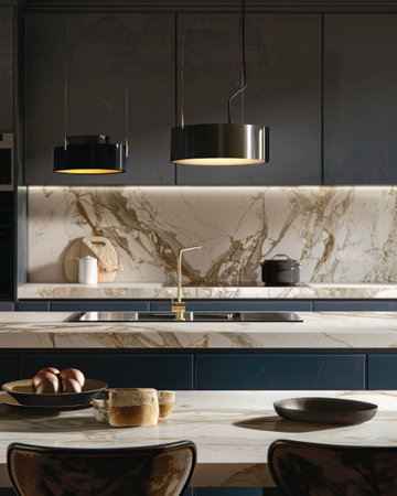 Sophisticated dark-toned kitchen featuring marble countertops, elegant pendant lights, and a wooden stoolの素材