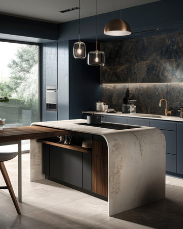 Sophisticated dark-toned kitchen featuring marble countertops, elegant pendant lights, and a wooden stoolの素材
