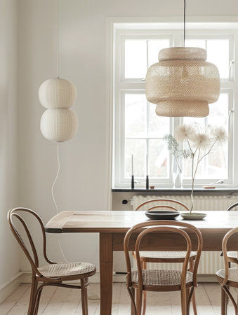 Bright and airy Scandinavian-style dining room with woven pendant lamps and classic bentwood chairs.の素材