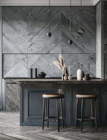 Sophisticated dark-toned kitchen featuring marble countertops, elegant pendant lights, and a wooden stoolの素材