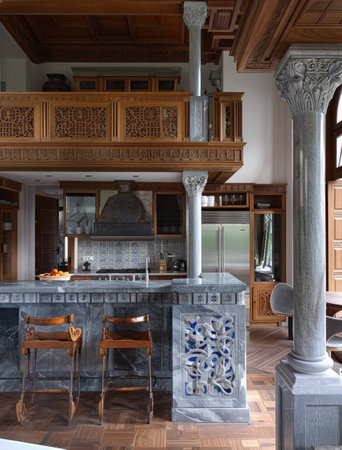 Sophisticated dark-toned kitchen featuring marble countertops, elegant pendant lights, and a wooden stoolの素材